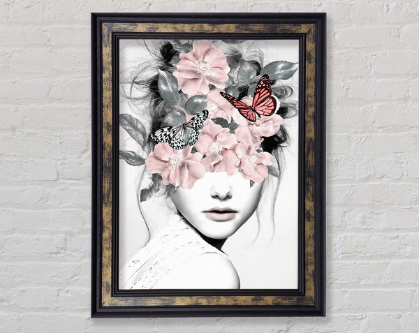 Flower And Butterfly Face Framed Print