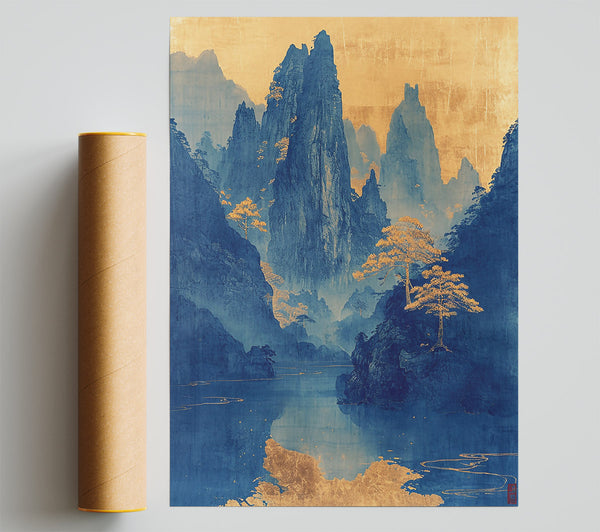 Golden Blue Mountain Lake Giclee Print