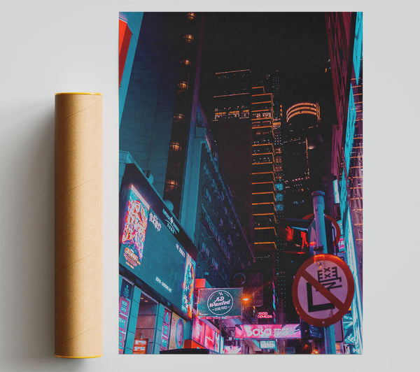 Neon Blue Cityscape Poster