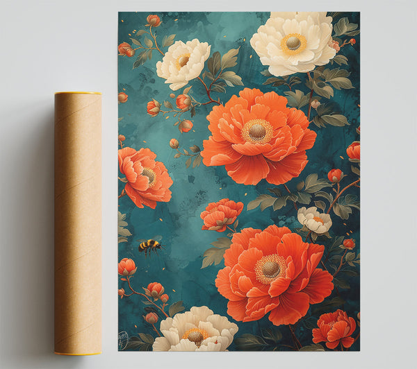 Orange Bloom Teal Sky Poster