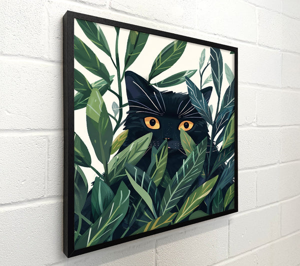 Black Cat In Green Leaves