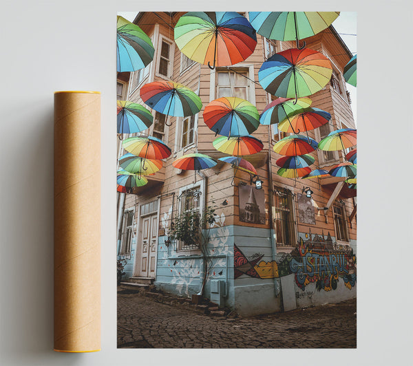 Rainbow Umbrellas Over Istanbul Poster
