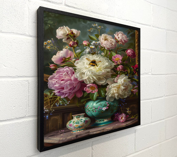 Teal Vase With Peonies