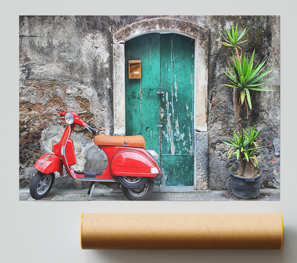 Red Vespa By The Door Print