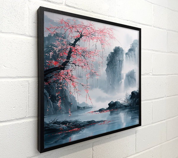 Pink Blossoms Over Waterfalls