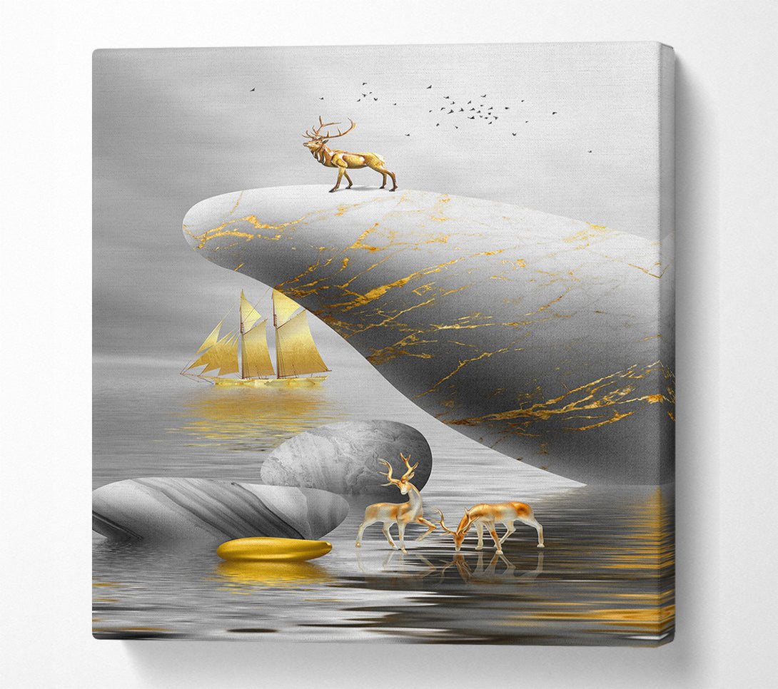  A Canvas Print of Gold Boat Deers On Roack Canvas Print