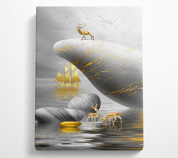  A Canvas Print of Gold Boat Deers On Roack Canvas Print