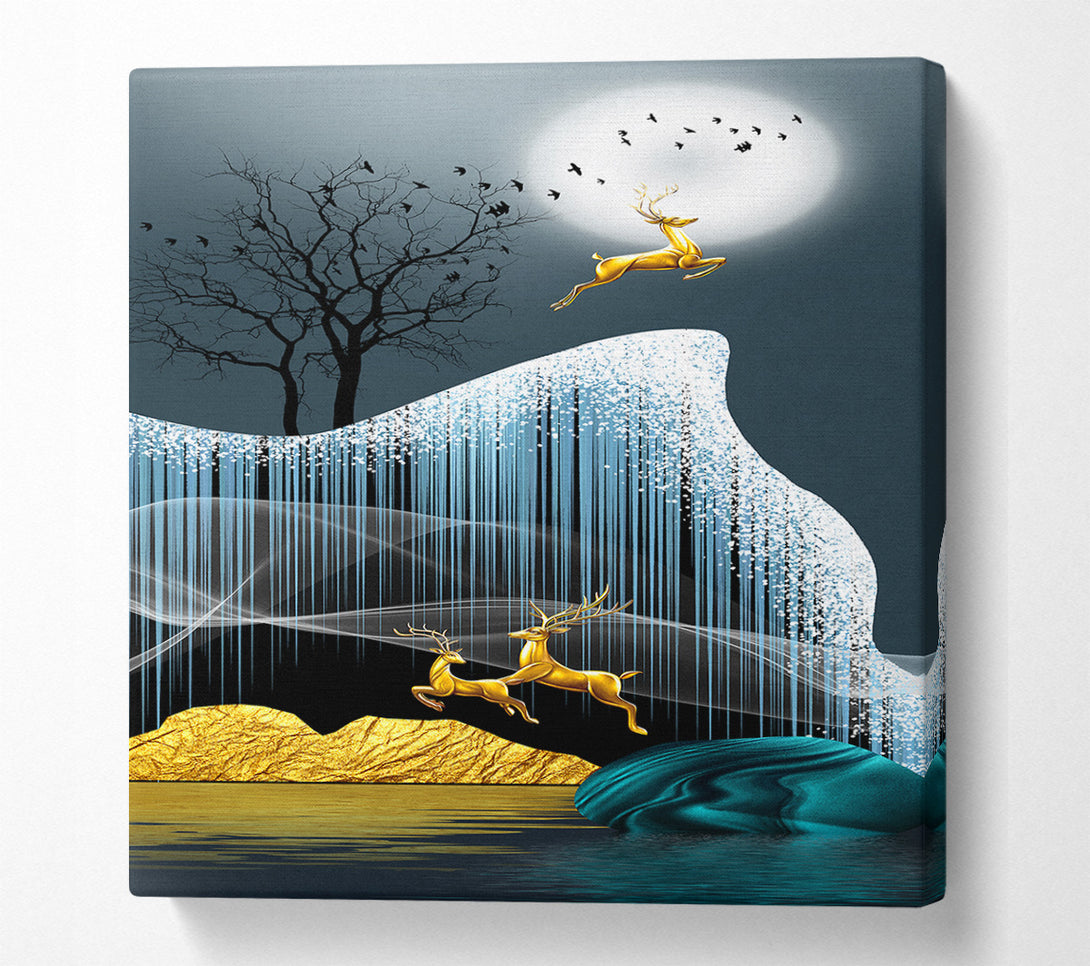  A Canvas Print of Gold Deer Leaping Canvas Art