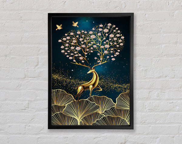 Gold Deer  Flower Antlers Framed Print