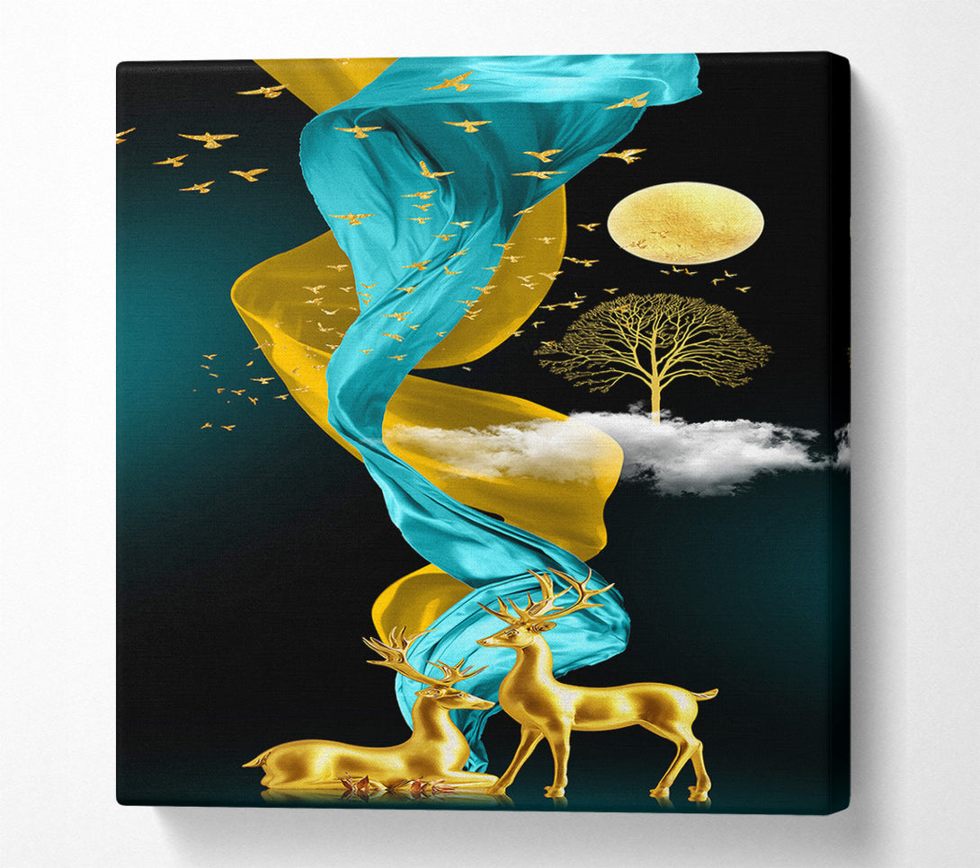  A Canvas Print of Gold Deers Wavy Sheets Canvas Wall Art