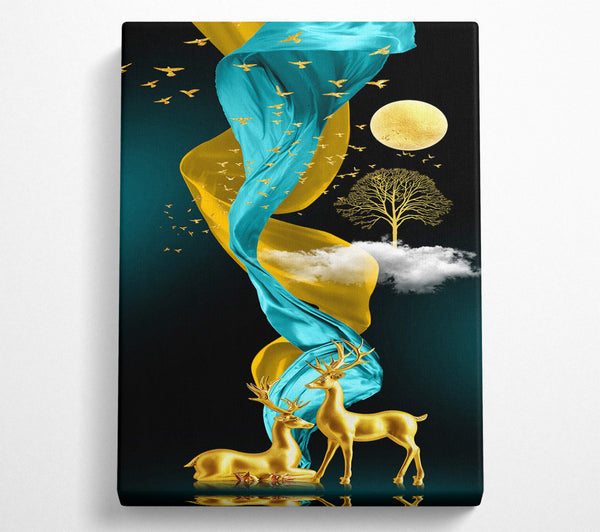  A Canvas Print of Gold Deers Wavy Sheets Canvas Wall Art