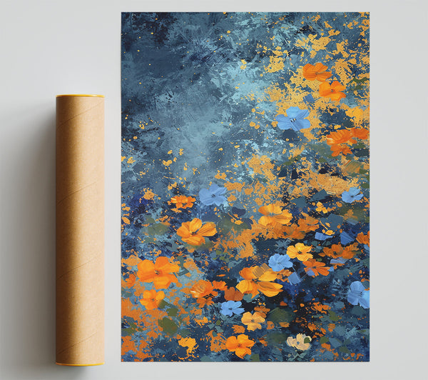 Golden Blue Blooms Print