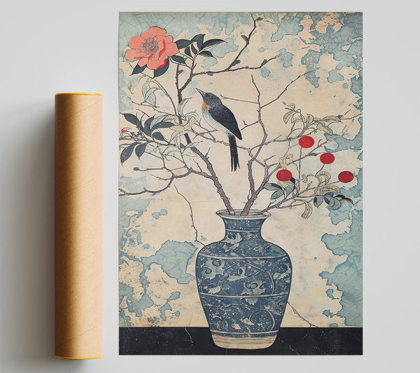 Blue Vase With Pink Blooms Poster