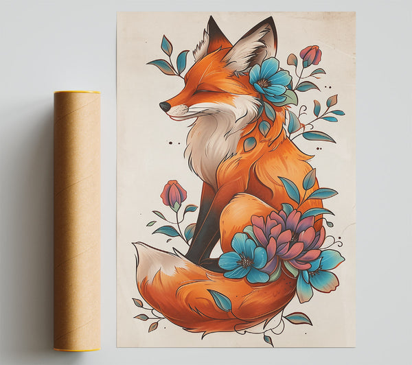 Orange Fox And Blooms Giclee Print