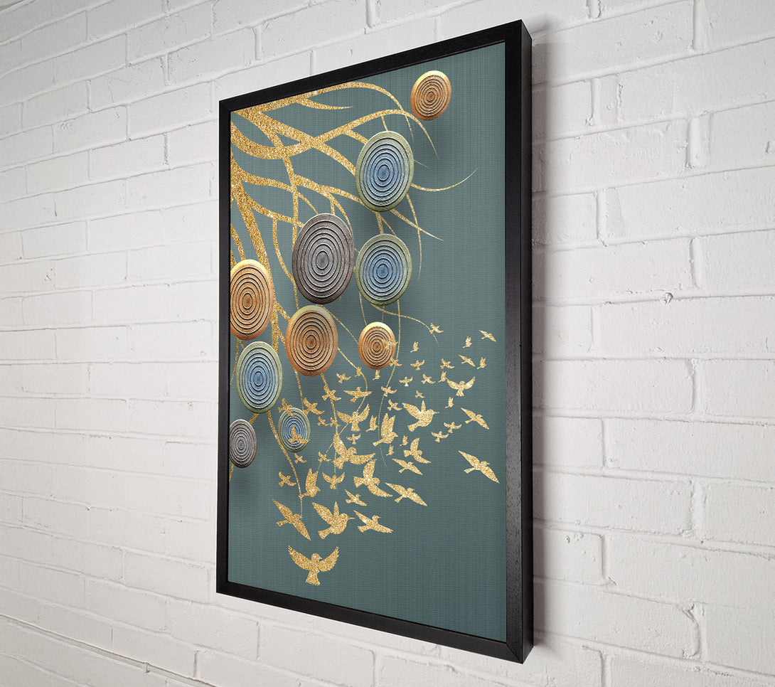  A Canvas Print of Gold Flying Birds With Circles Canvas Print