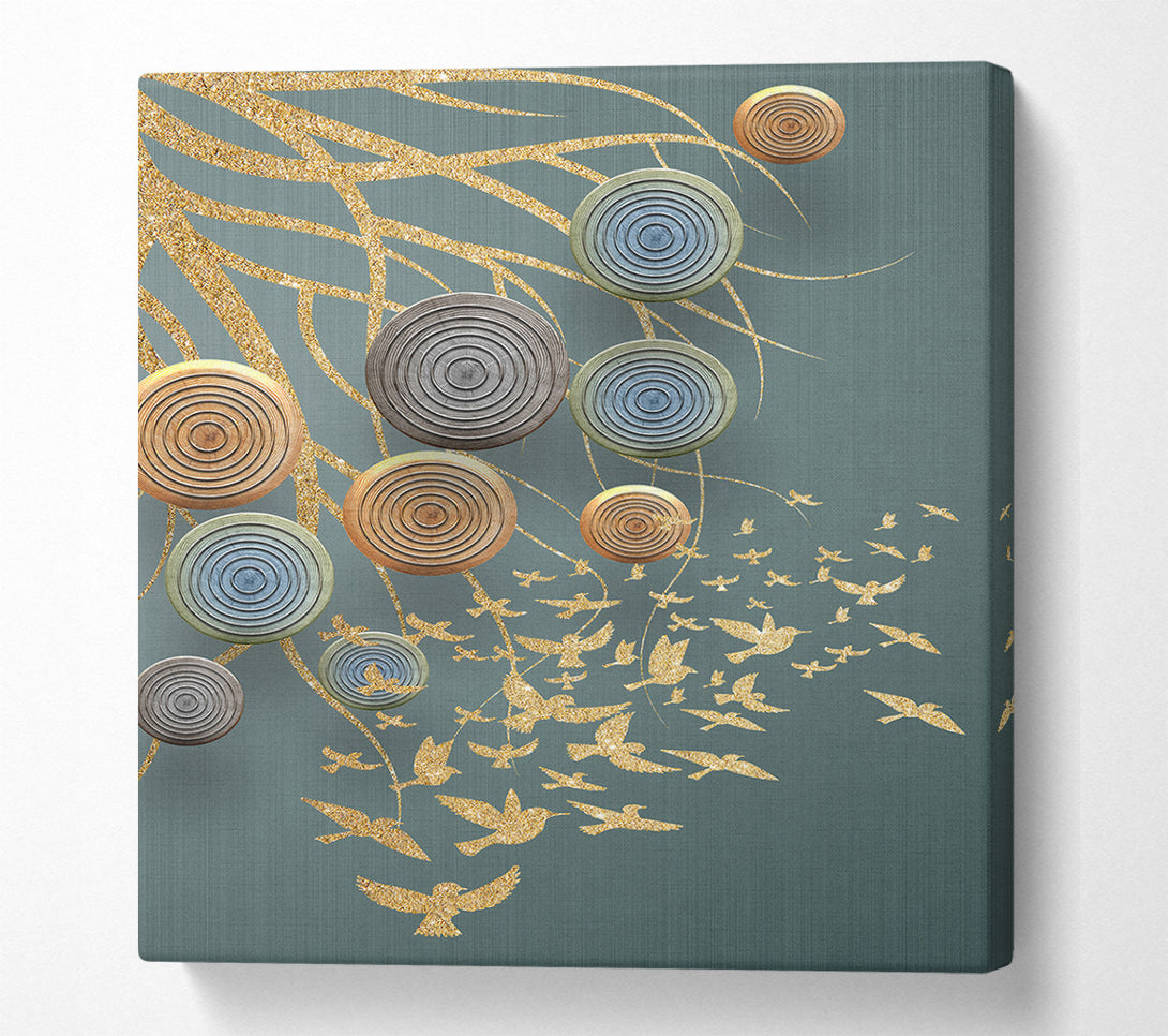  A Canvas Print of Gold Flying Birds With Circles Canvas Print