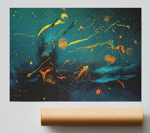 Teal And Gold Drips Giclee Print