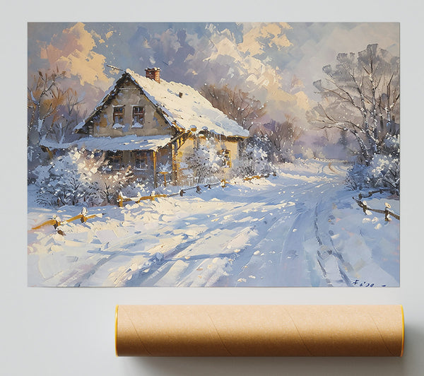White Winter Cottage Poster