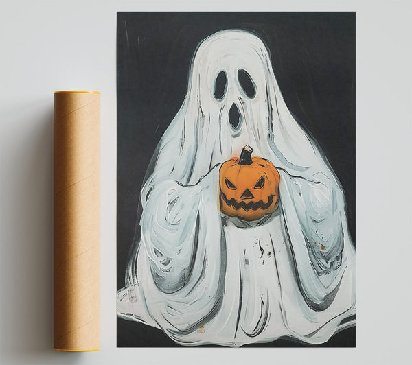 White Ghost With Pumpkin Poster
