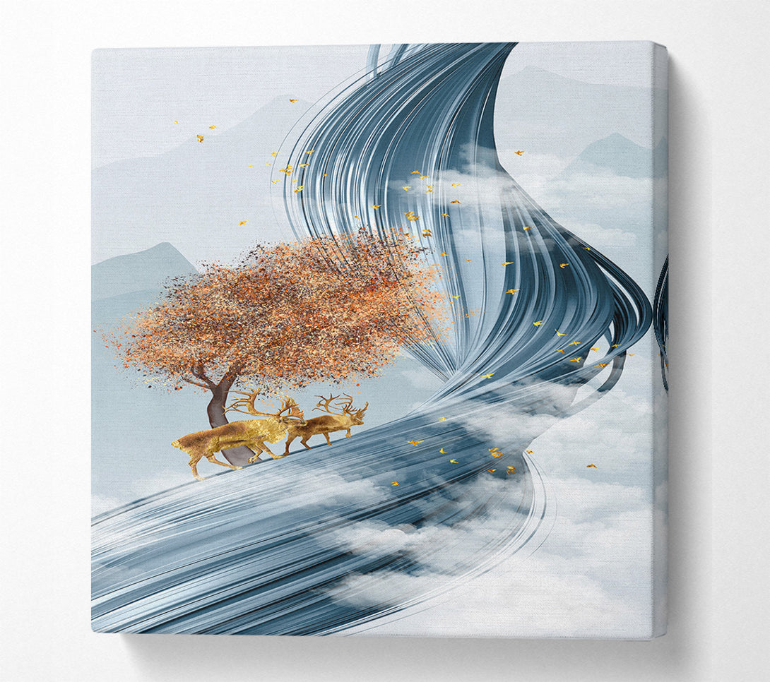 A Canvas Print of Gold Reindeer Tree Wave Canvas Print