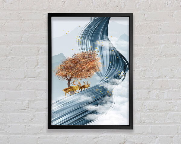 Gold Reindeer Tree Wave Framed Print