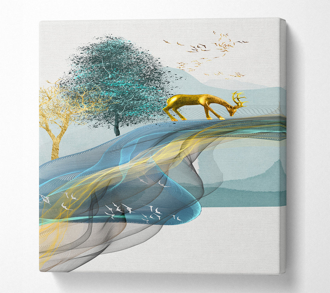  A Canvas Print of Gold Stag Trees Canvas Wall Art