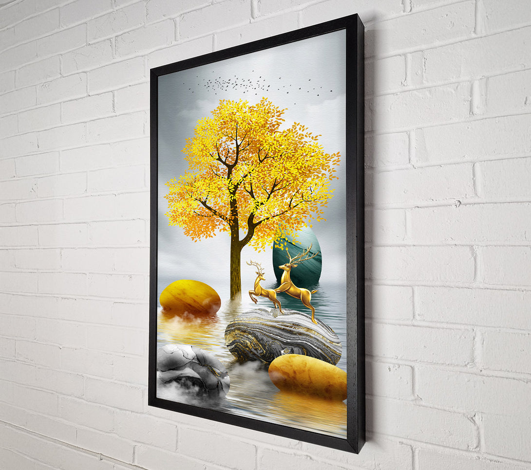  A Canvas Print of Gold Tree Deer Run Canvas Print
