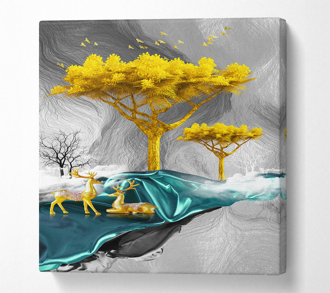  A Canvas Print of Gold Tree With Two Deers Canvas Print