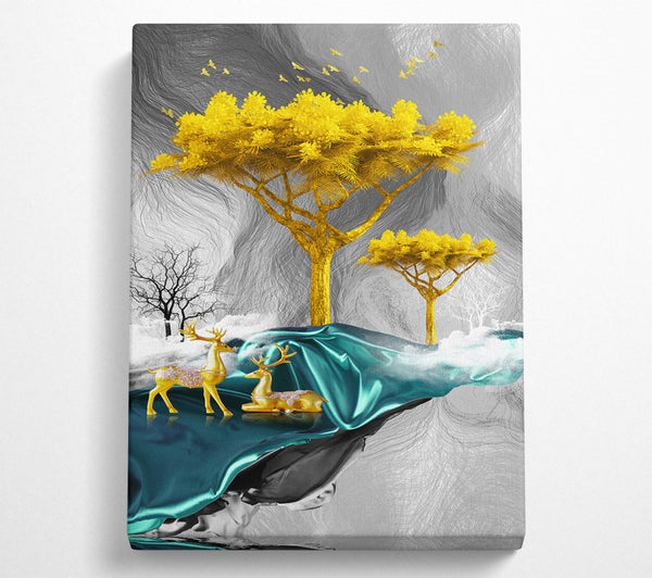  A Canvas Print of Gold Tree With Two Deers Canvas Print