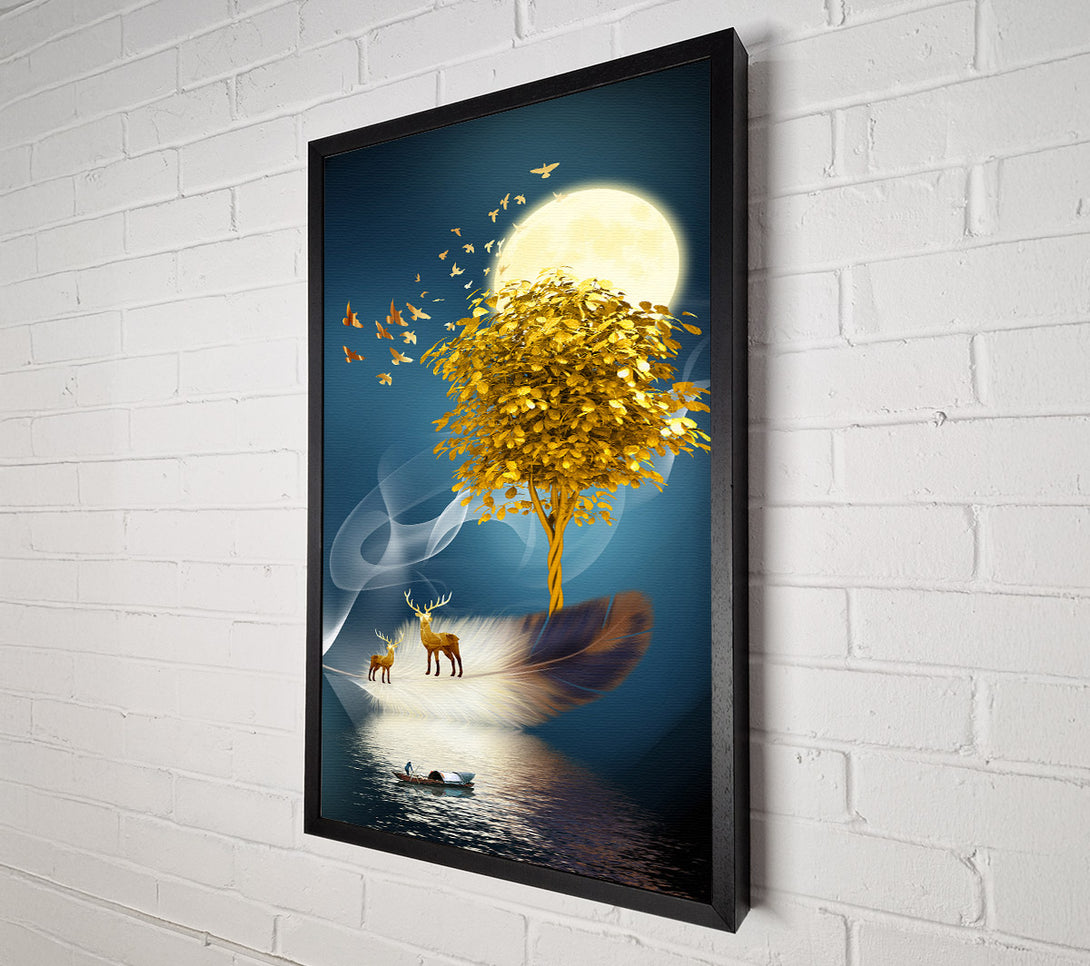  A Canvas Print of Gold Tree  Deers On Feather Canvas Wall Art