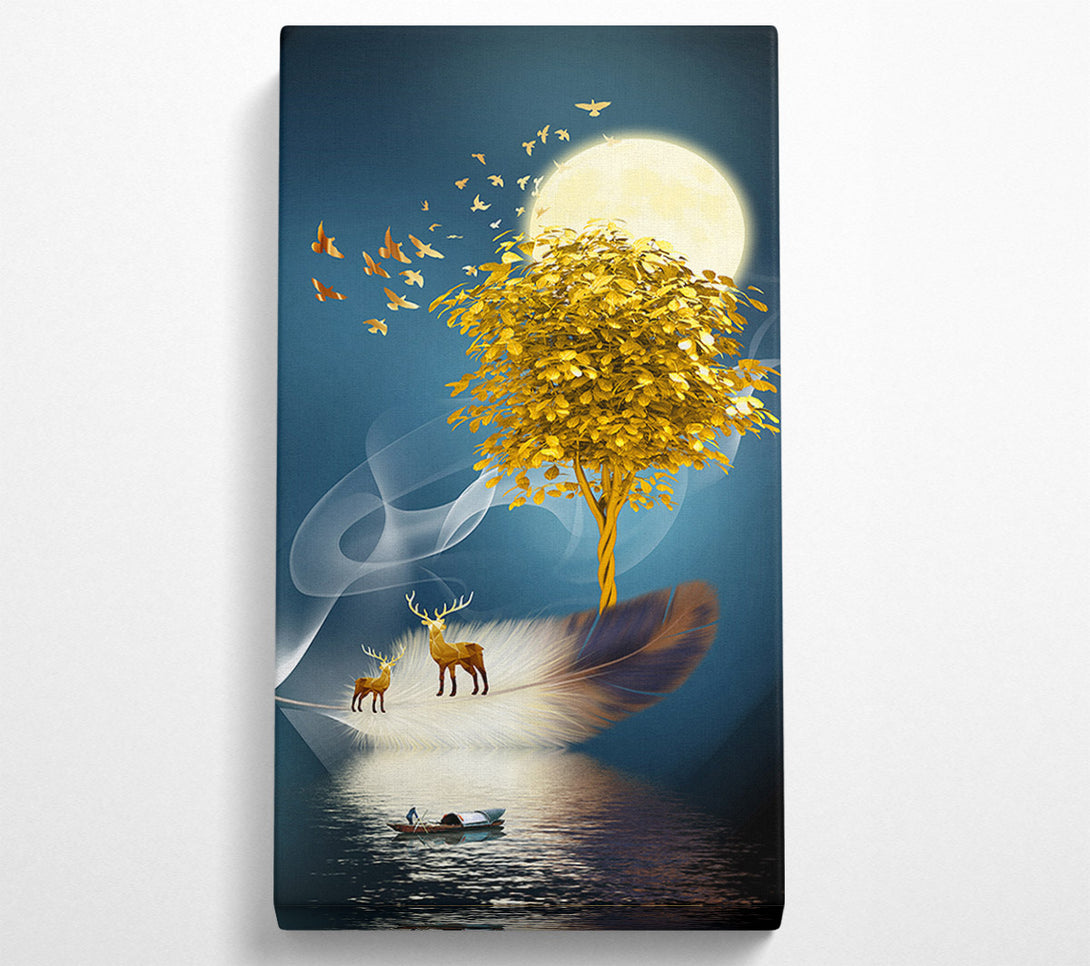  A Canvas Print of Gold Tree  Deers On Feather Canvas Wall Art