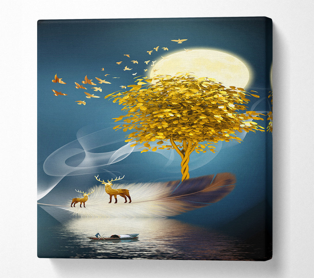 A Canvas Print of Gold Tree  Deers On Feather Canvas Wall Art