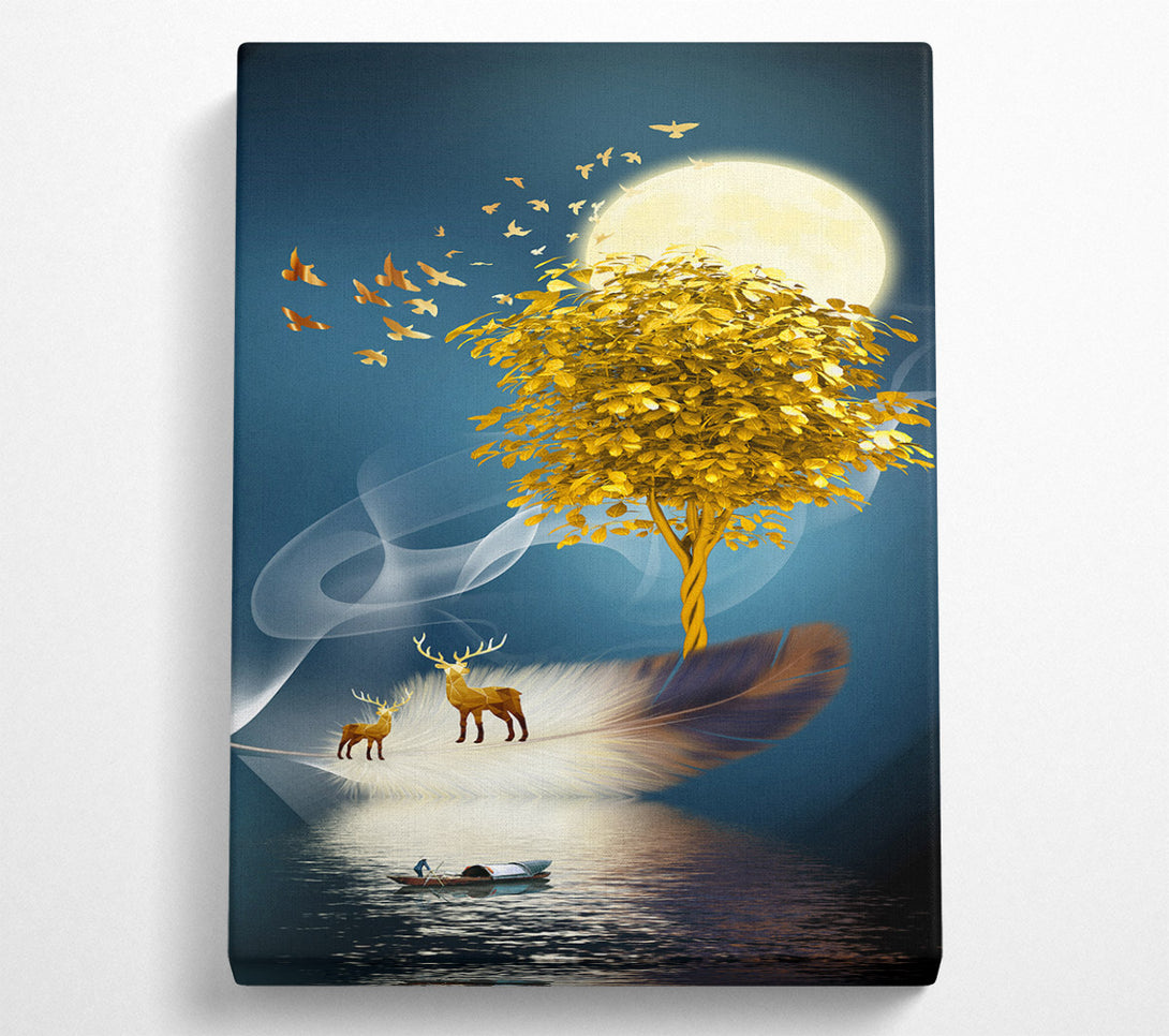  A Canvas Print of Gold Tree  Deers On Feather Canvas Wall Art
