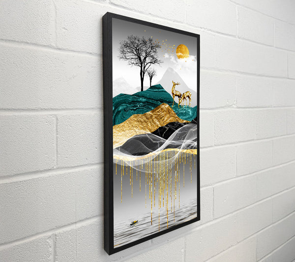 Golden Deer On Abstract Hill