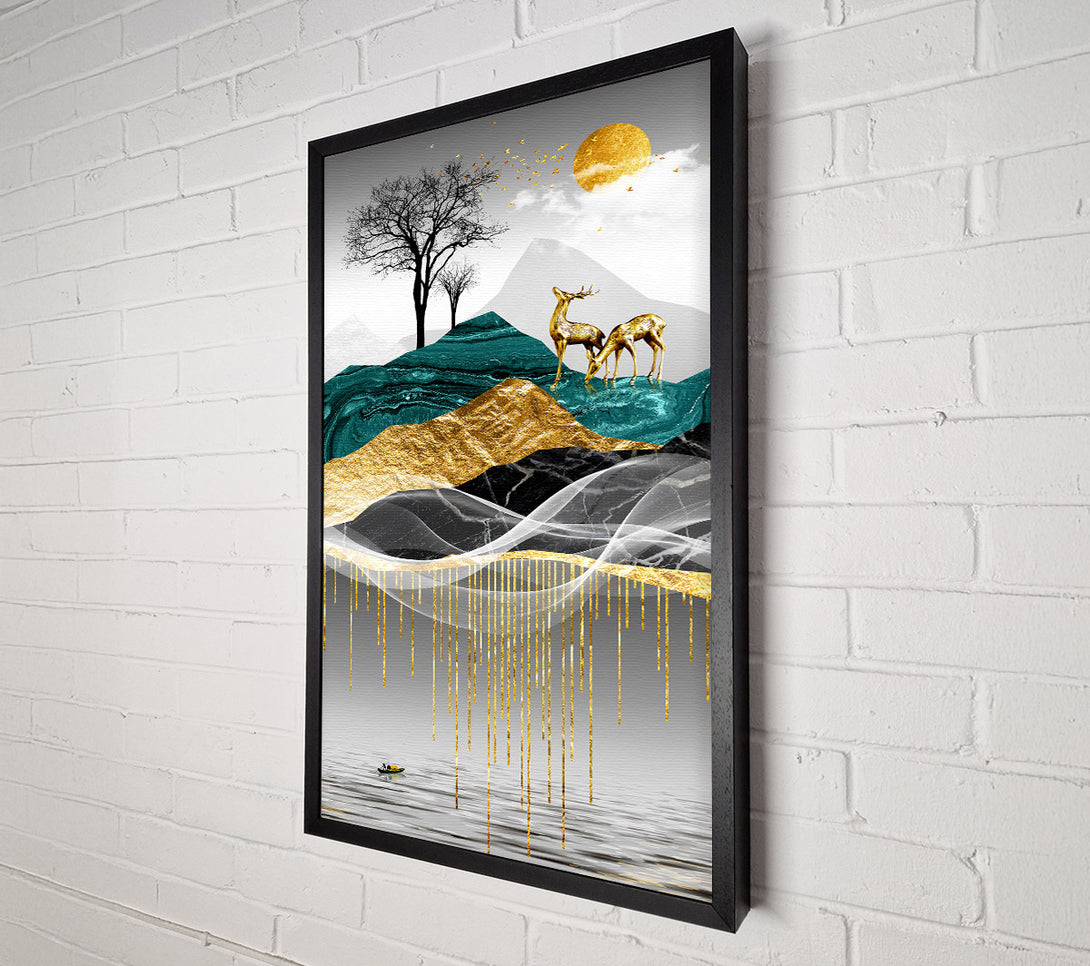  A Canvas Print of Golden Deer On Abstract Hill Canvas Print