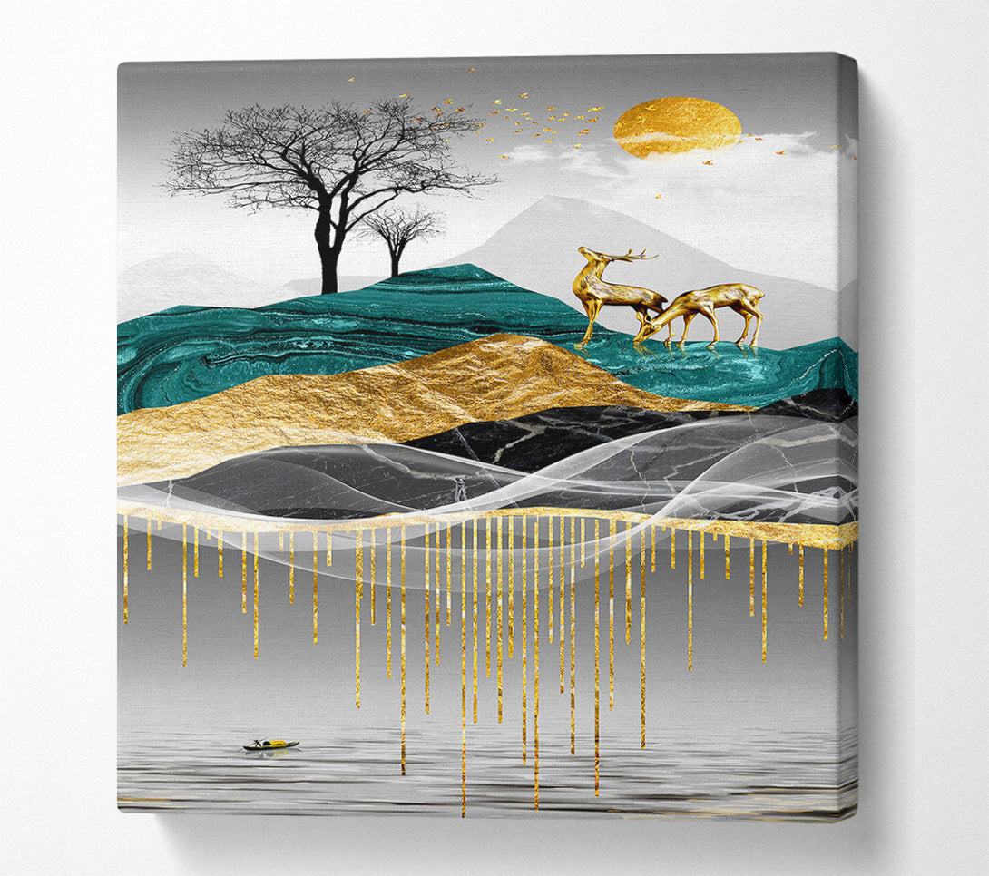  A Canvas Print of Golden Deer On Abstract Hill Canvas Print