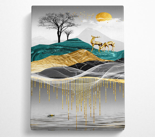  A Canvas Print of Golden Deer On Abstract Hill Canvas Print