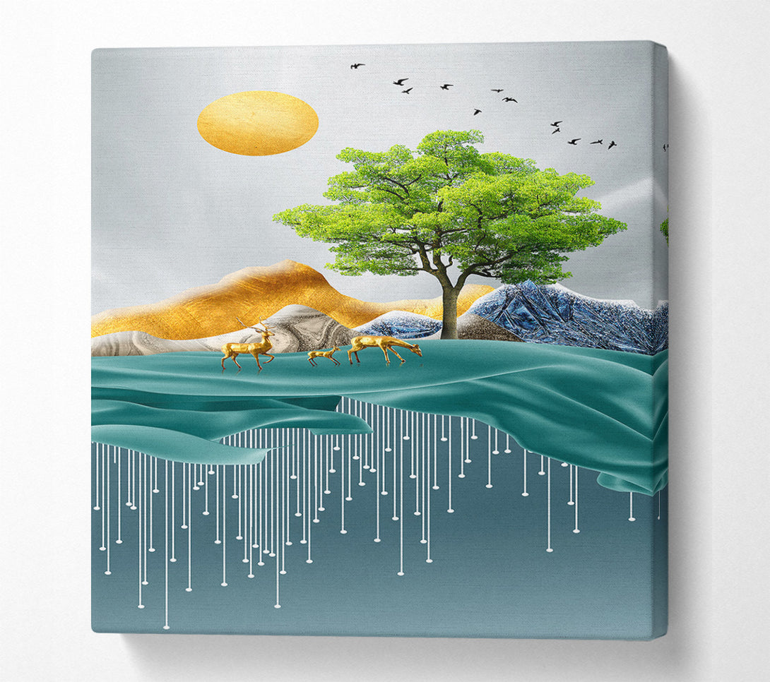 A Canvas Print of Golden Deers On Lake Canvas Wall Art