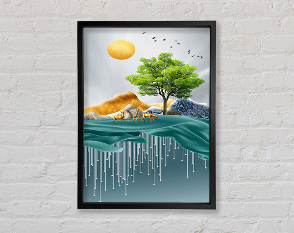 Golden Deers On Lake Framed Print