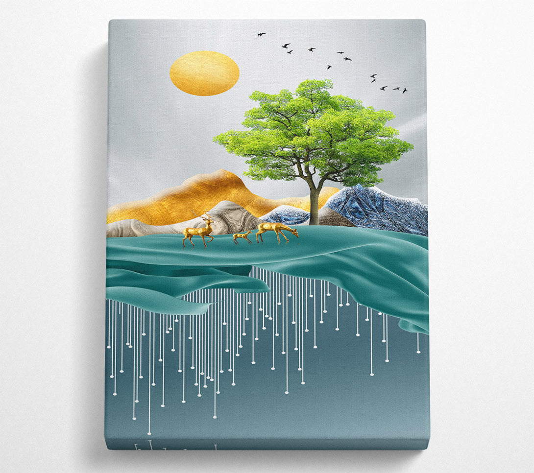  A Canvas Print of Golden Deers On Lake Canvas Wall Art