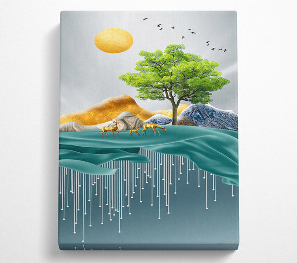 A Canvas Print of Golden Deers On Lake Canvas Wall Art