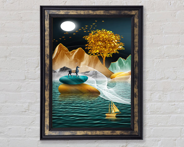 Green Lake With Golden Tree Framed Print
