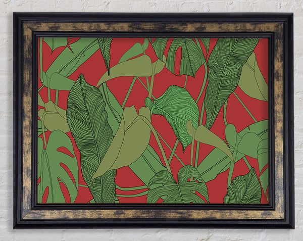 Green Leaves On Red Framed Print