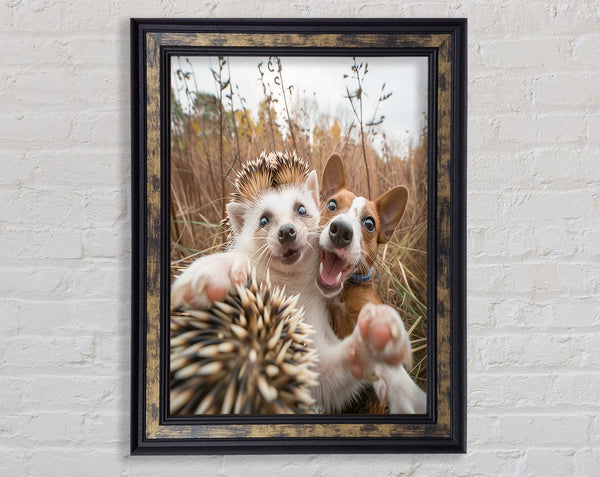 Hedgehog And Dog Selfie Framed Print