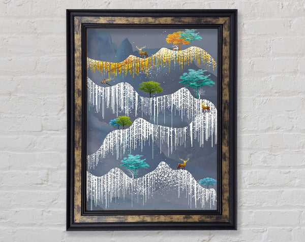 Icy Abstract Mountains With Deer Framed Print