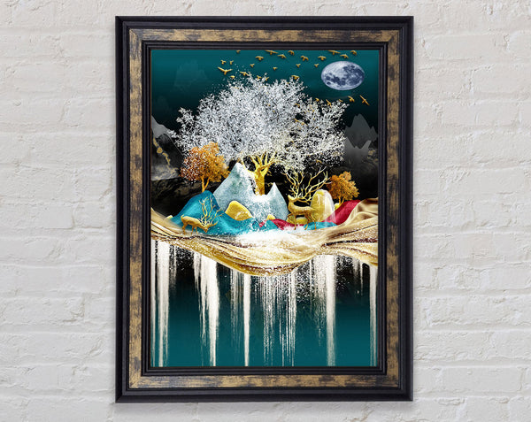 Icy Scene With Gold Deers Framed Print