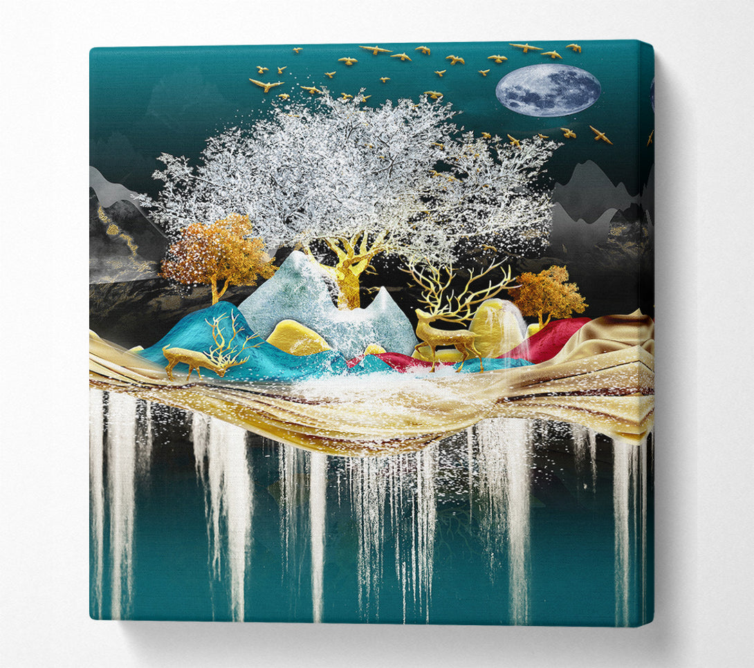  A Canvas Print of Icy Scene With Gold Deers Canvas Art