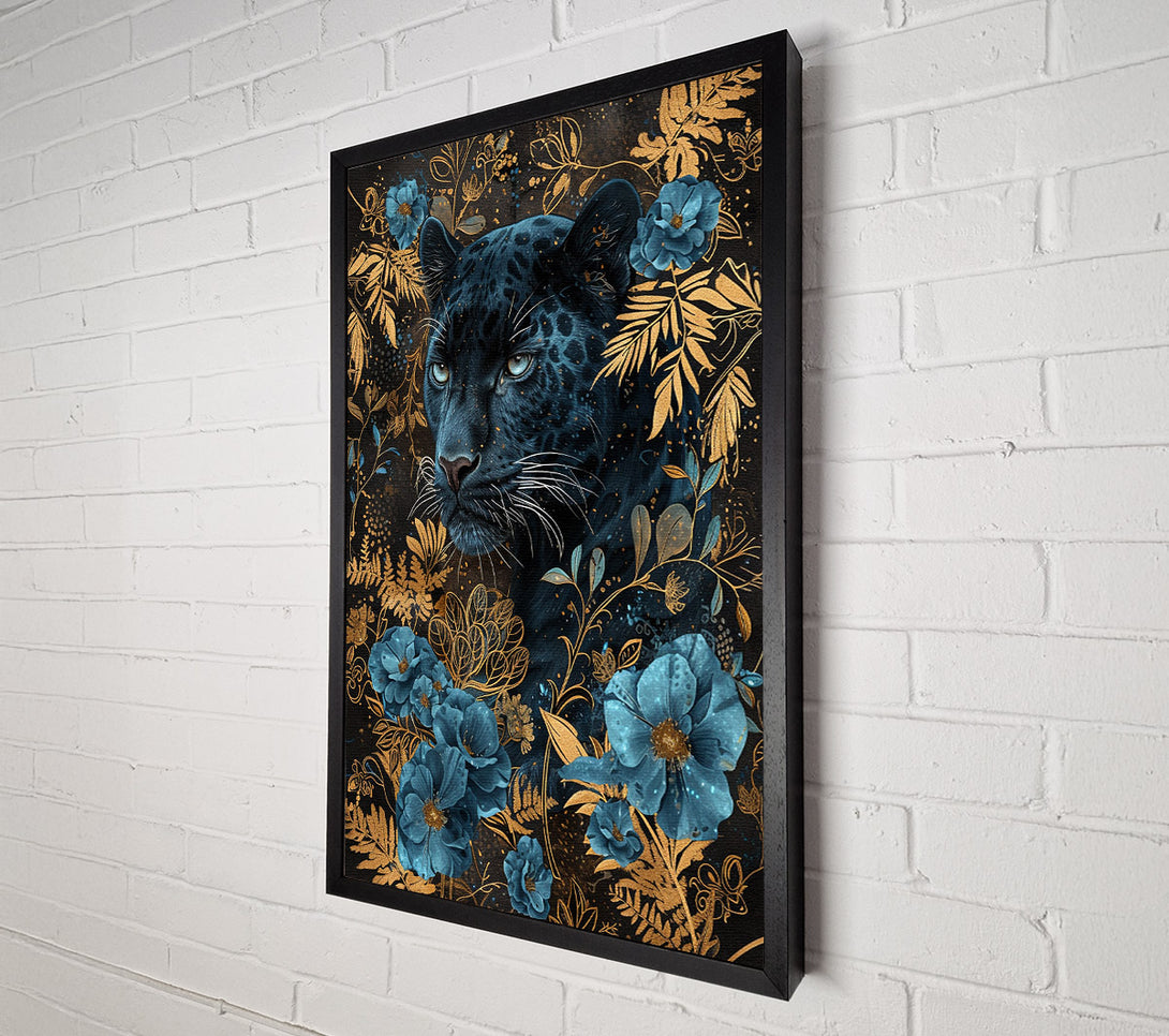 A Canvas Print of Jaguar And Blue Flowers Canvas Wall Art