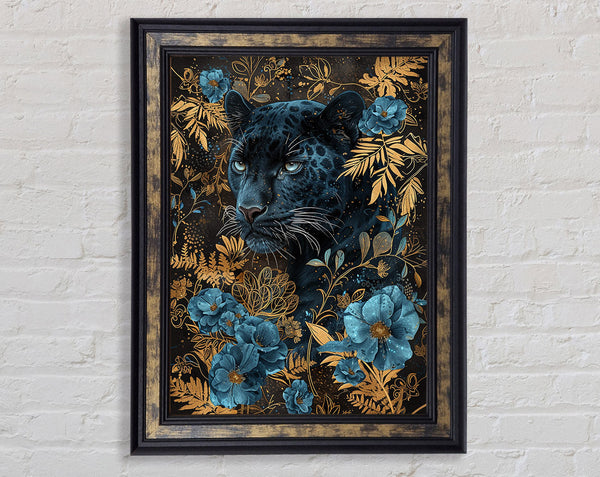 Jaguar And Blue Flowers Framed Print
