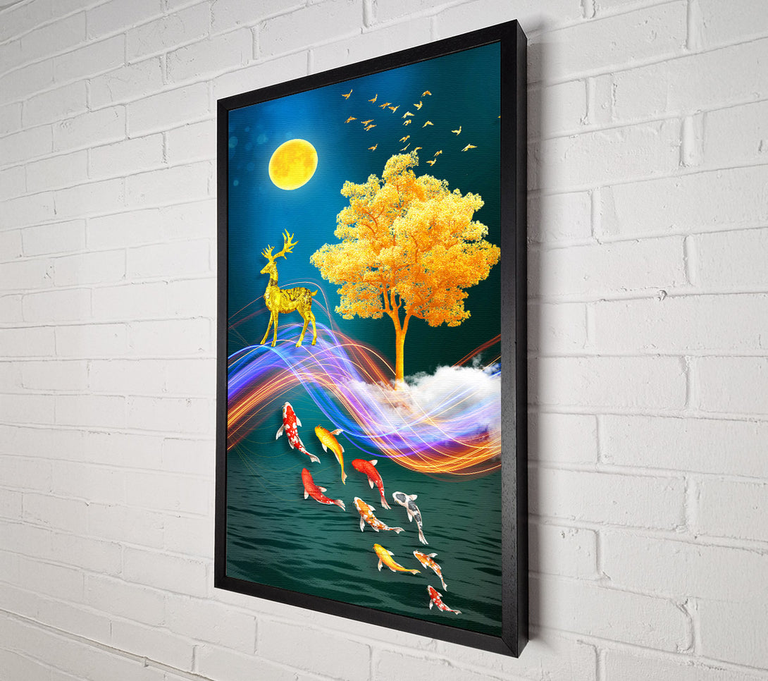 A Canvas Print of Koi Fish  Deer And Gold Tree Canvas Wall Art